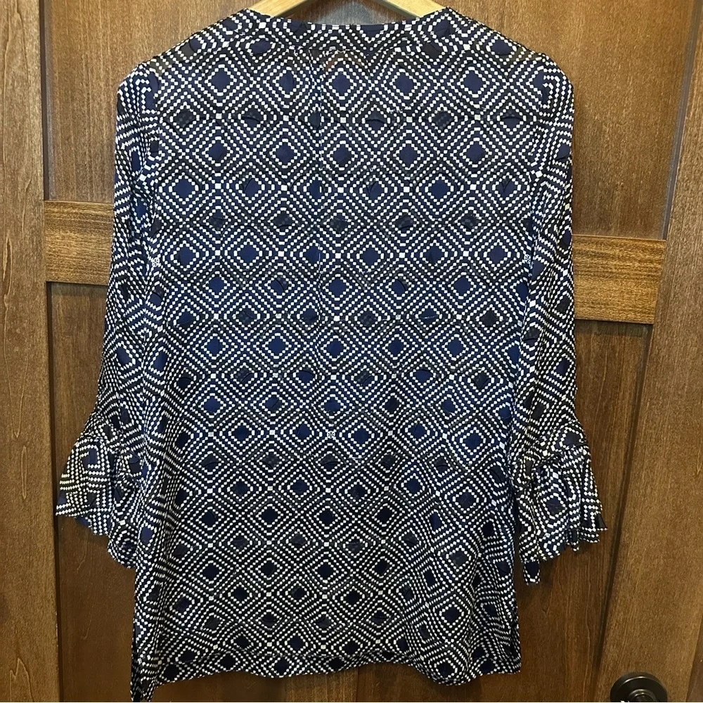 Tory Burch Gwenna Normandy Navy and White Geometric Ruffle V-Neck Tunic
